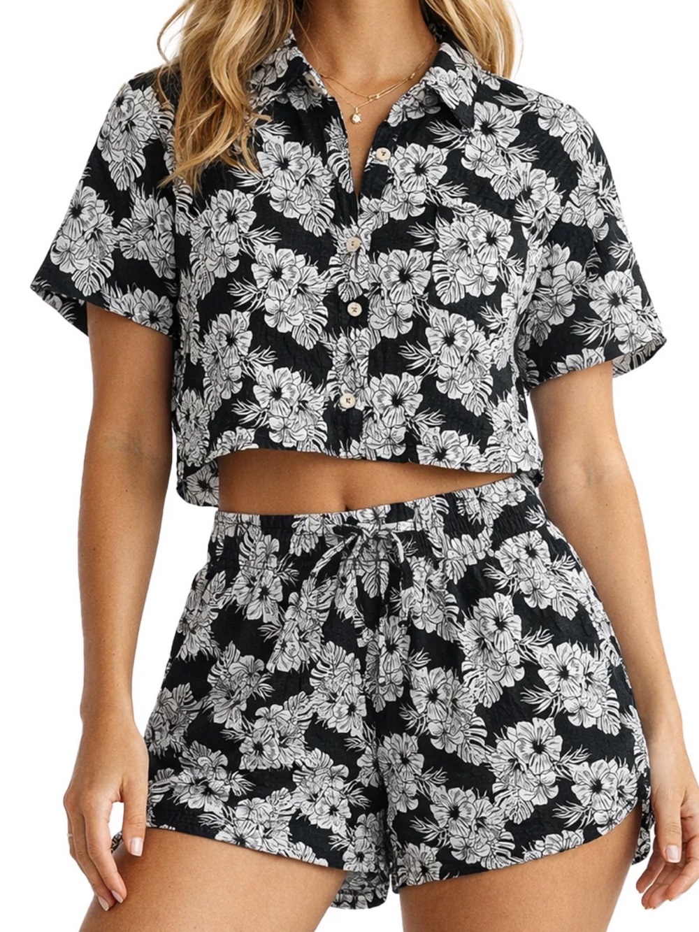 Black & White Floral Swim Coverup Set – Breezy Button-Front Top & Short